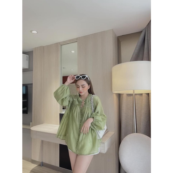 Áo sơ mi tơ hàn cao cấp dáng rộng thời trang dạo phố cổ xếp ly duyên dáng