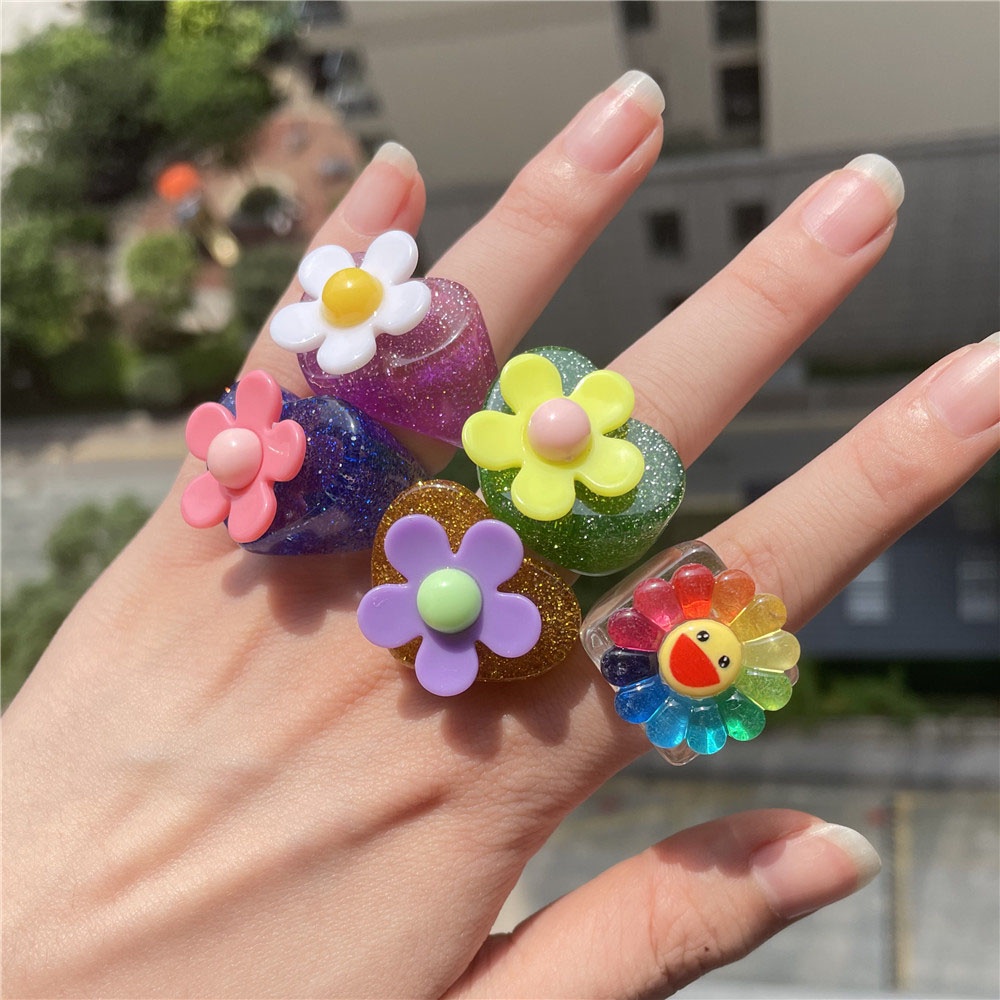 Nhẫn Nhựa Resin Hình Hoa Hướng Dương Mặt Cười Phong Cách Hàn Quốc Dễ Thương Dành Cho Nữ 2021