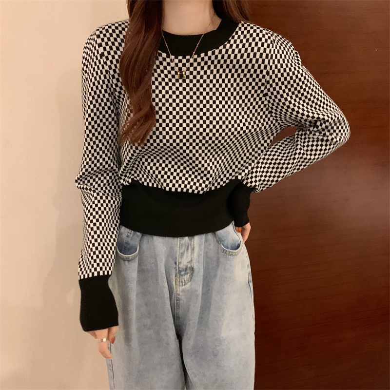 Áo sweater ZHELIHANGFEI dài tay dáng ôm kẻ sọc caro thời trang cho nữ
