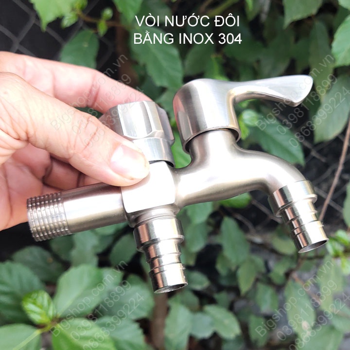 Vòi nước đôi bằng inox 304 gắn tường, 01 đầu vào 2 đầu ra