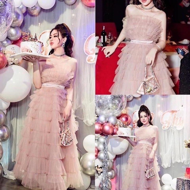 Váy đầm xếp tầng dài cúp ngực công chúa cột eo chất voan lưới V0011 full màu Verosa Dress