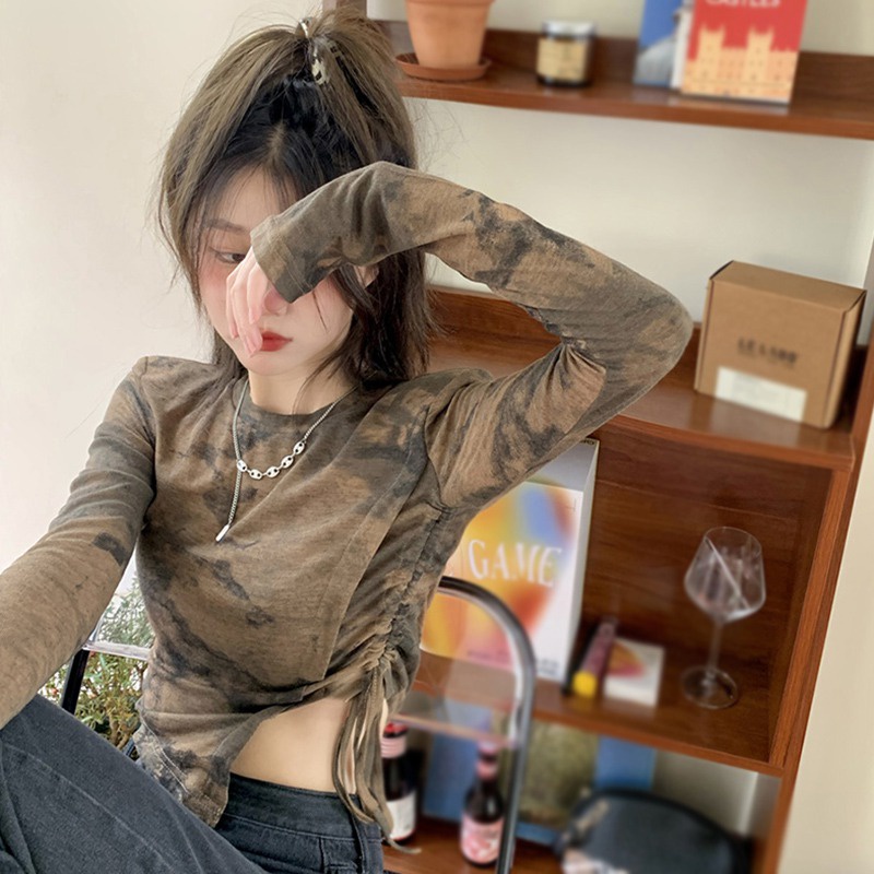 Áo Thun Crop Top Tay Dài Cổ Tròn Nhuộm Màu Thời Trang Hàn Quốc Cho Nữ
