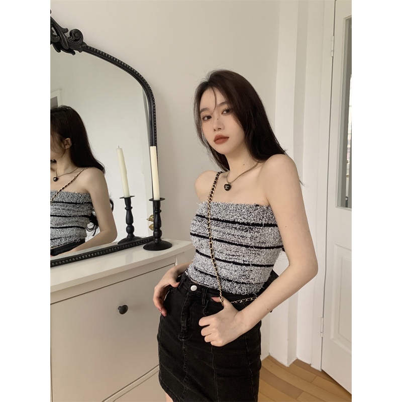 Hàng Có Sẵn Áo Ống Ống Ngắn Mỏng Kẻ Sọc Gợi Cảm Quyến Rũ Thời Trang Hàn Quốc Cho Nữ Mặc Bên Ngoài