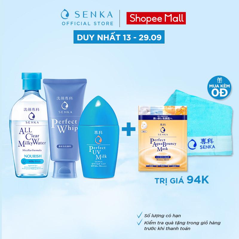 Bộ sản phẩm bảo vệ&làm sạch toàn diện Senka(sữa chống nắng UV Milk+nước tẩy trang Milky Water+sửa rửa mặt Whip)