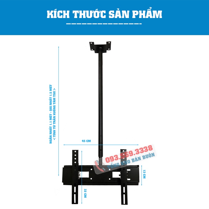 Giá treo tivi thả trần TR32 32 - 43 inch - Giá Treo Tivi Ngược Trần Thép Sơn Tĩnh Điện - Độ dài 1.5 mét