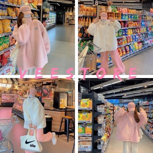 Áo khoác lông form rộng logo unisex màu hồng trắng / Áo khoác mùa đông thiết kế tay dài style trẻ trung_veestore