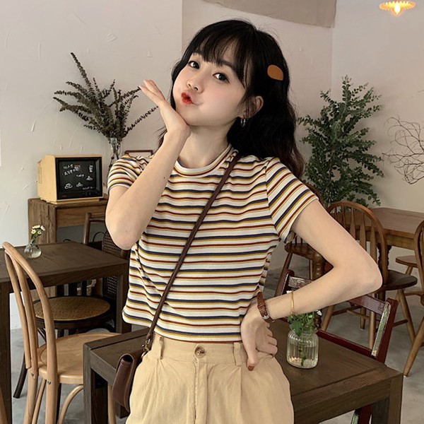 Áo ngắn tay phối họa tiết sọc ngang phong cách trẻ trung năng động dành cho nữ