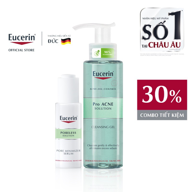 [Ưu Đãi 30%] Bộ sản phẩm giảm mụn Eucerin Pro Acne: Poreless Serum 30ml & Gel Rửa Mặt 200ml