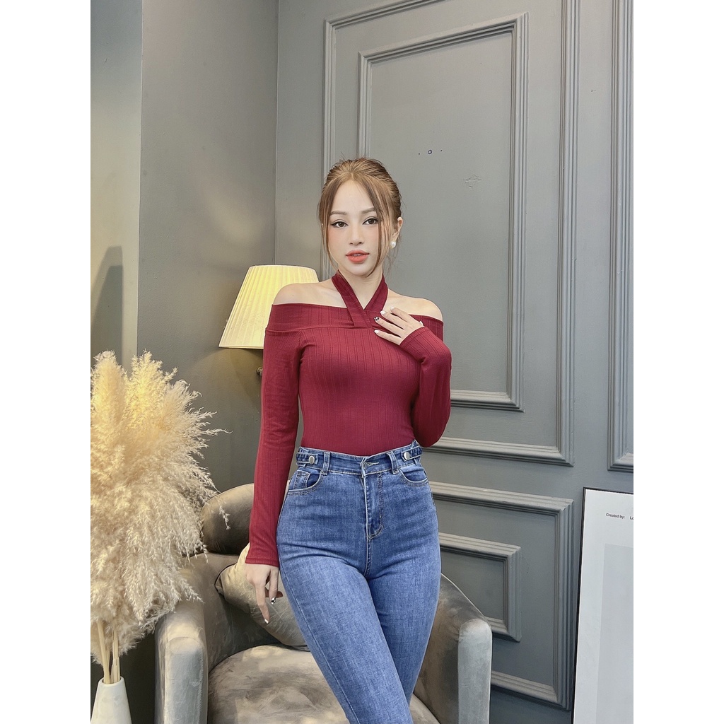 Áo thun kiểu yếm trễ vai nữ CRAZYTEEN sang trọng AT0313
