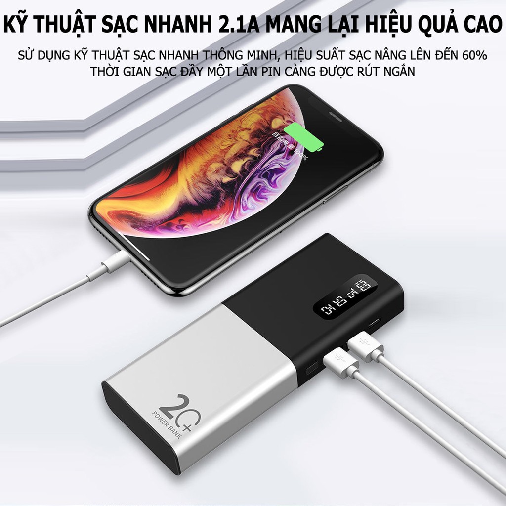 Pin sạc dự phòng GROWNTECH 20000mah, sạc nhanh màn hình LCD 2 cổng USB