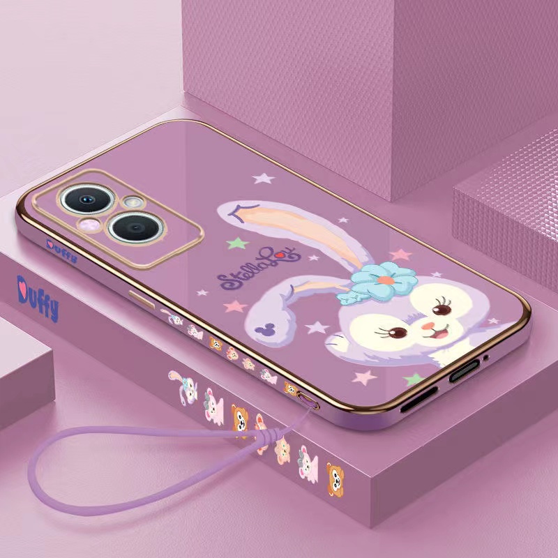Vỏ OPPO Reno 8 4G Reno 8 Z 5G Reno 8 5G Reno 8 Pro 5G A57 4G 2022 A76 A96 A16K A16e Cạnh thẳng mạ điện 90 ° Phim hoạt hình thỏ Bảo vệ máy ảnh Vỏ điện thoại