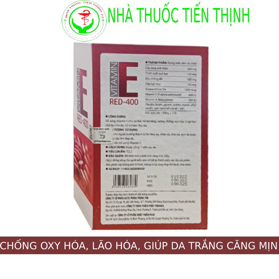 Vitamin E RED-400 Hỗ trợ tăng cường chống oxy hóa, hạn chế lão hóa da, đẹp da nhập khẩu Ý- Hộp 30 viên nang