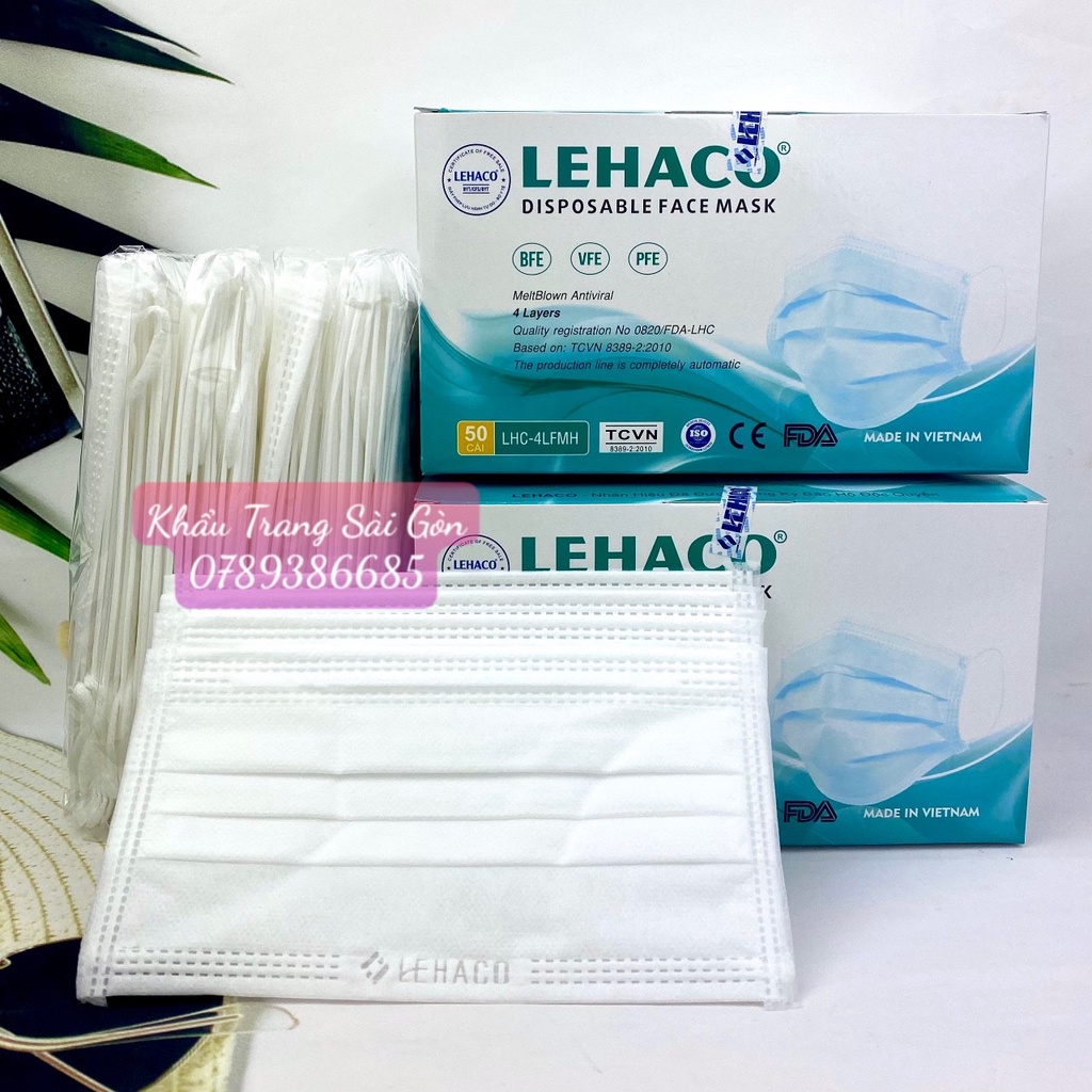 Khẩu trang Y TẾ LEHACO 4 LỚP MÀU TRẮNG 50 cái / hộp - Khẩu trang y tế kháng khuẩn Lehaco