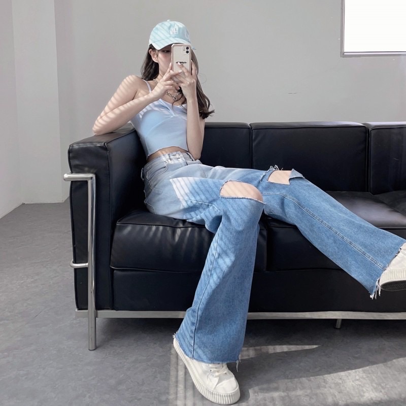 (Chuyên sỉ) Quần jean nữ ống rộng màu xanh loang hot girl chuẩn shop H.N.M STORE
