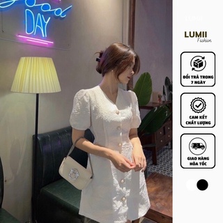 Đầm - Váy gấm Cut Out lưng chun cúc ngọc tay phồng - Lumii