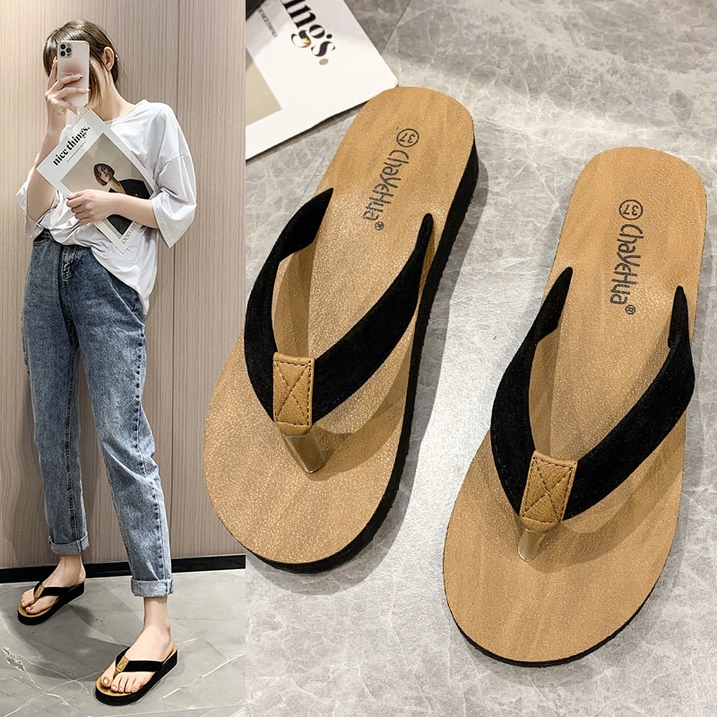 Dép Xỏ Ngón Đế Dày Tăng Chiều Cao Màu Đen/Xanh Lá Thời Trang Cho Nữ