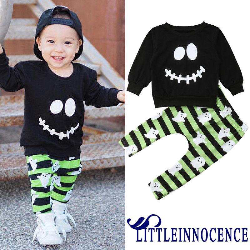 ❤XZQ-New 2PCS Halloween Toddler Kids Baby Boys Long Sleeve Sweatshirt Tops+Ghost Printed Striped Long Pants Clothes