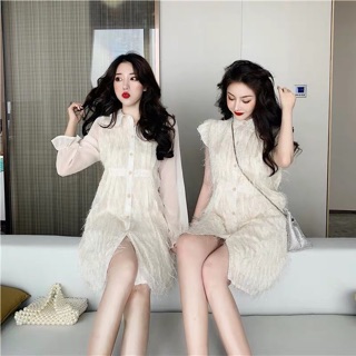 Váy bạn thân trắng be có lông