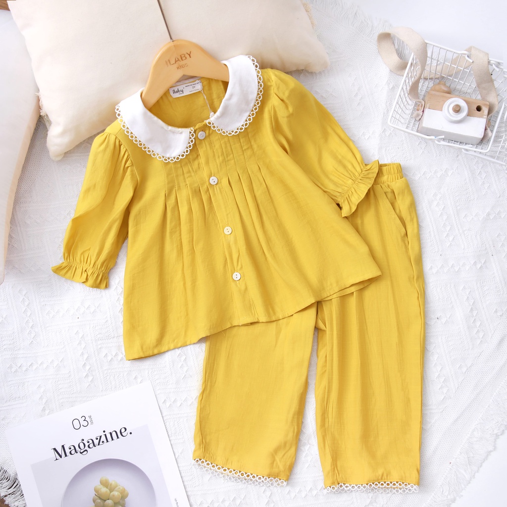 Set pyjama cho bé gái ILABY thiết kế cổ sen cách điệu [52IG05351021]