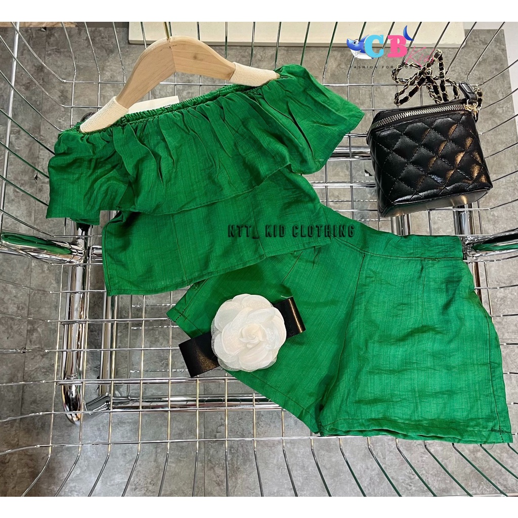 Bộ trễ vai mùa hè bé gái, bộ áo trễ vai bèo croptop chất đũi nhẹ tênh cho bé