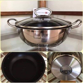 CHẢO Inox Sâu Lòng 20cm FIVE STAR 3 Đáy Chống Dính, Nắp Kính.