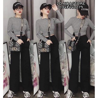 Set quần cullote dài phối áo croptop kẻ sọc tay dài hot