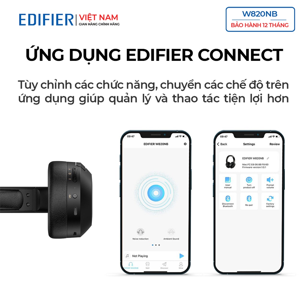 Tai nghe bluetooth over-ear Edifier W820Nb - Hires Audio - Chống ồn chủ động pin 49 giờ Khử ồn đàm thoại - Chính hãng