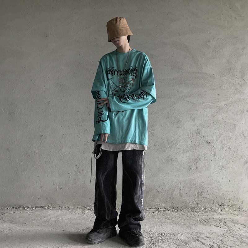 Mragần Như Áo Thun Dài Tay Dáng Rộng Giả Hai Lớp In Hình Đầu Mèo Phong Cách gothic Đường Phố Cá Tính