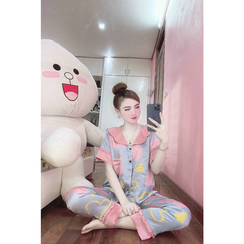 Bộ Pijama lụa mặc nhà nữ cổ sen họa tiết cộc tay quần dài