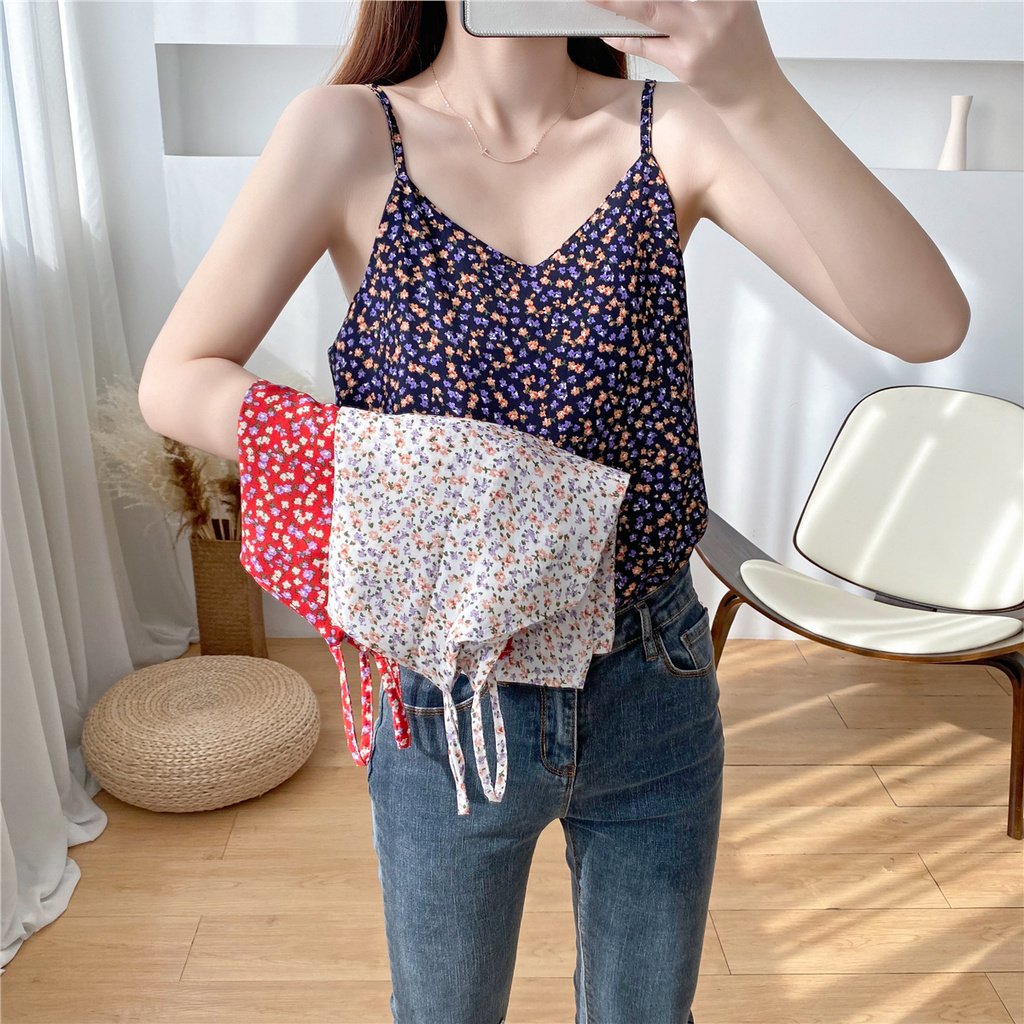 Áo Hai Dây Chất Chiffon Hoạ Tiết Hoa Thiết Kế Dáng Rộng Thoải Mái