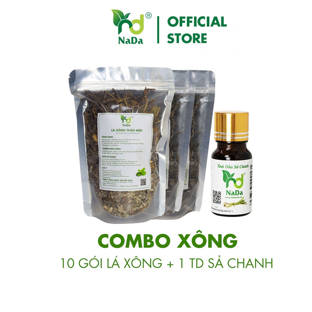 Combo xông hơi NADA 10 gói lá xông 14 loại thảo mộc, tặng tinh dầu Sả chanh 10ml kiểm định Quatest 3