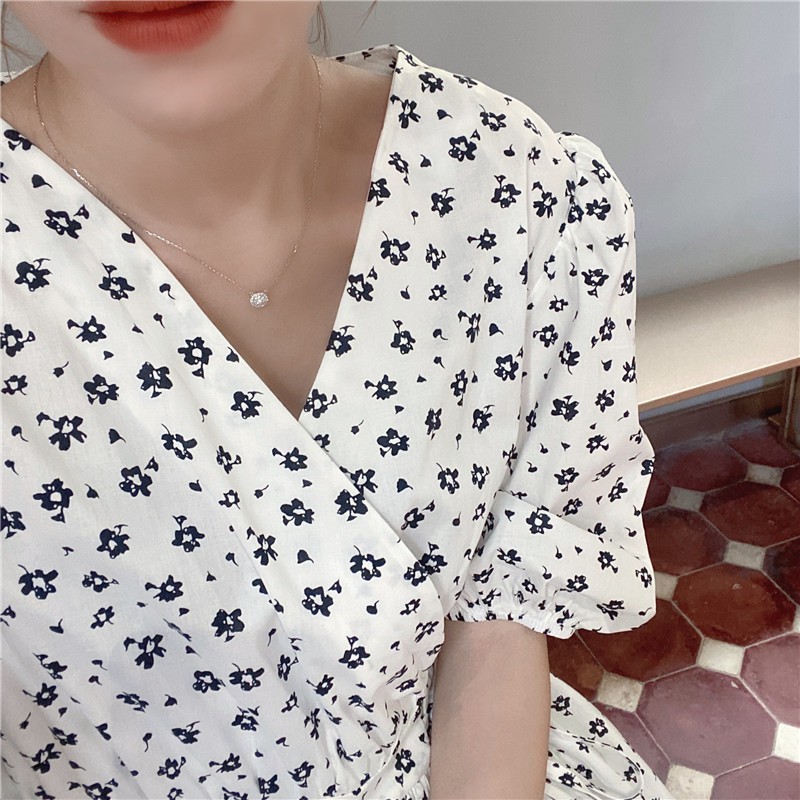 Đầm Maxi 35109 Cổ Chữ V Tay Phồng In Hoa Xinh Xắn Hợp Thời Trang