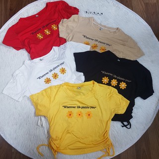 Áo Croptop Ngắn Tay Dây Rút 2 Bên Vải Thun Cotton SIêu Chất Thêu Hình Hoa Cúc Siêu Hot Đi Chơi Đi Biển