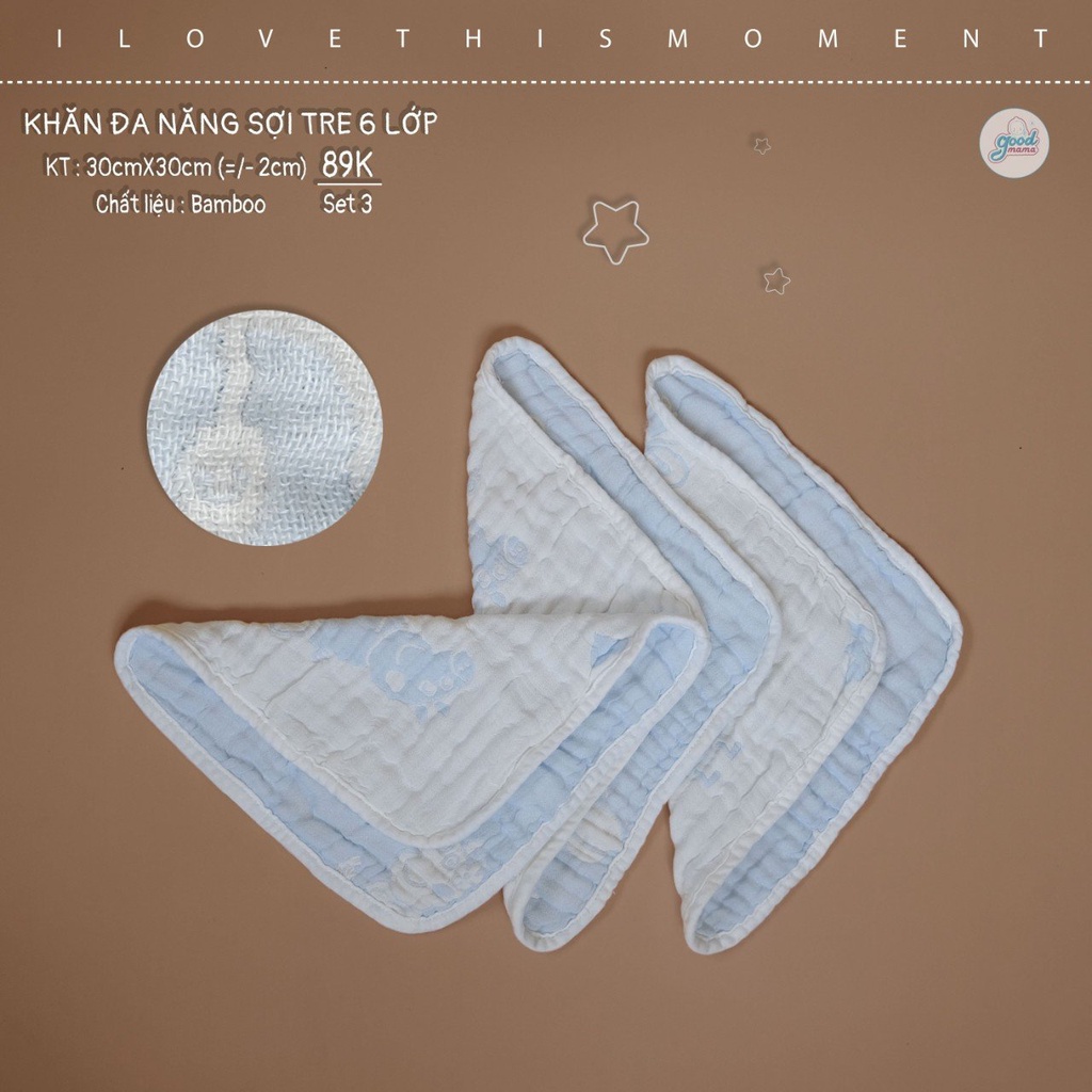 Khăn sữa sợi tre cho bé Goodmama Set 3 cái 30x30cm vải sợi tre 6 lớp mềm mại, bông xốp