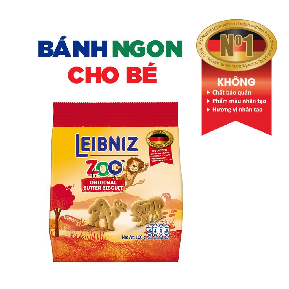 Bánh qui bơ, cacao, lúa mì yến mạch, mật ong sữa hình thú Leibniz Zoo Đức 100g, nguyên liệu Châu Âu