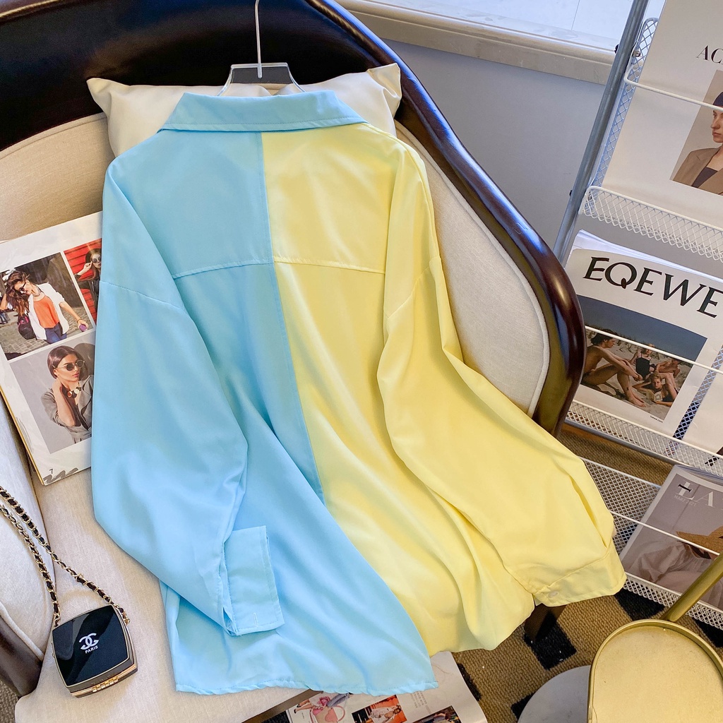 SUXI Áo Sơ Mi Tay Dài Dáng Rộng Màu Sắc Tương Phản Phong Cách Cổ Điển Thời Trang Mùa Thu Cho Nữ