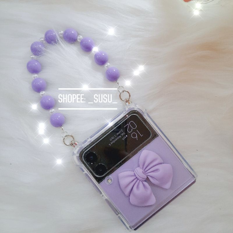 Ốp Samsung Galaxy Z Flip 4 - Z Flip 3 - Z Flip3 - Flip4 5G đính nơ xinh xắn kèm dây chuỗi trendy