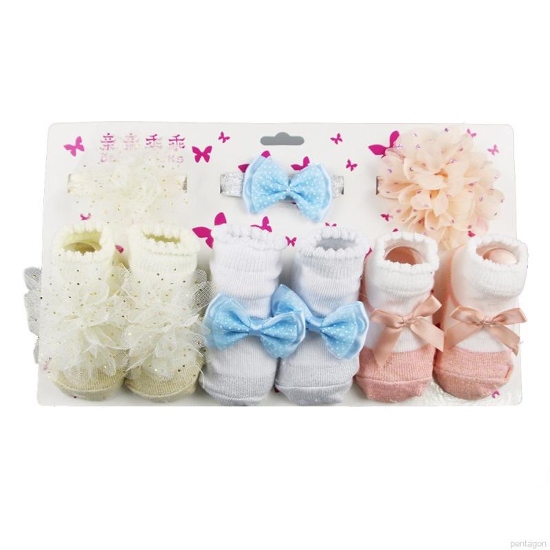 Set 3 món vớ cotton chống trượt đính nơ + băng đô xinh xắn cho bé