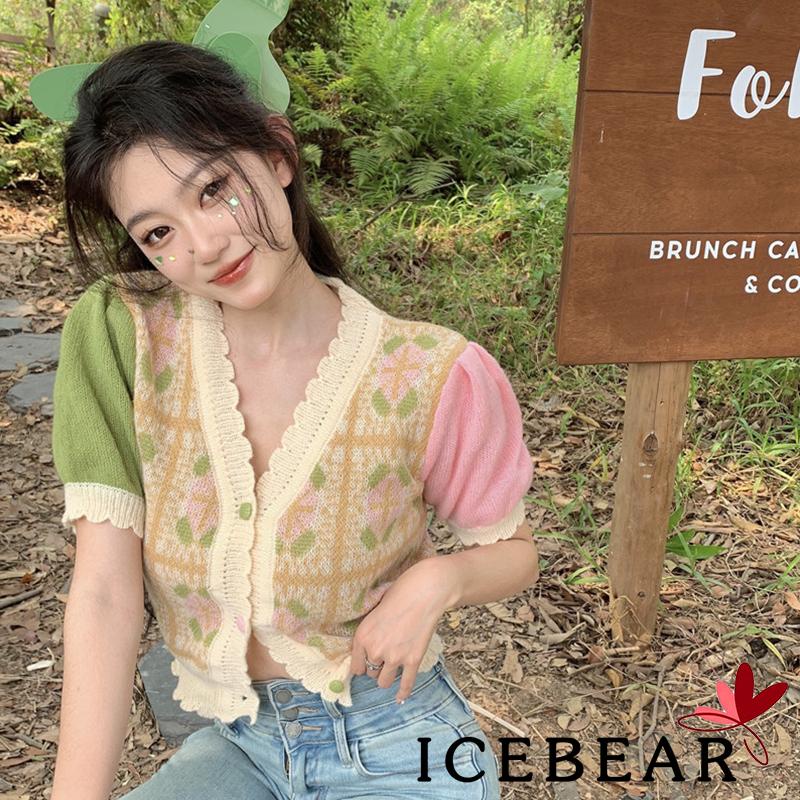 Áo Cardigan Dệt Kim Tay Ngắn Cổ Chữ V Cài Nút Màu Sắc Tương Phản Phong Cách Vintage Dành Cho Nữ