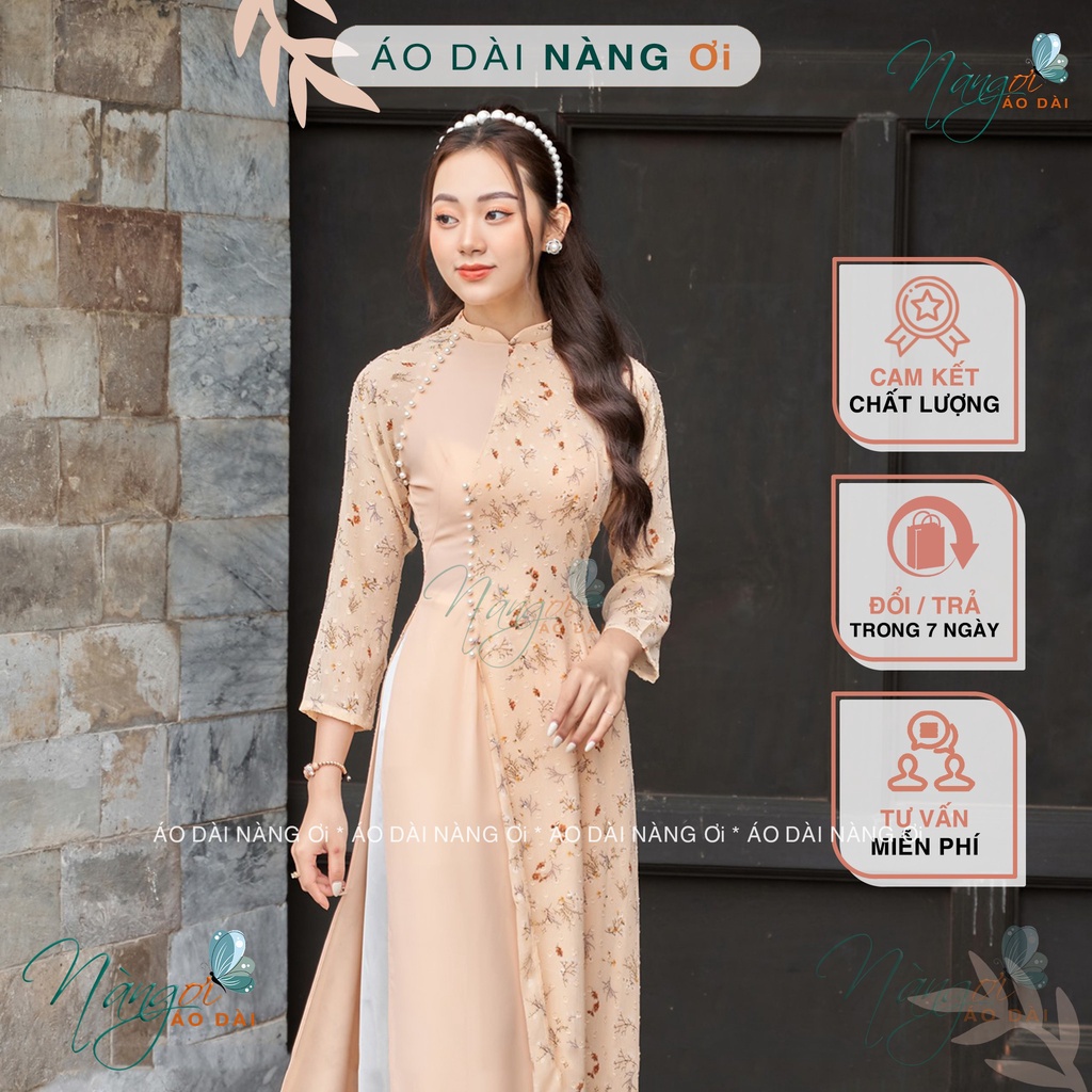 Áo Dài 4 Tà Hoa Nhí Truyền Thống May Sẵn Lụa Tơ Hoa Da Vàng Đẹp Đính Ngọc Cao Cấp