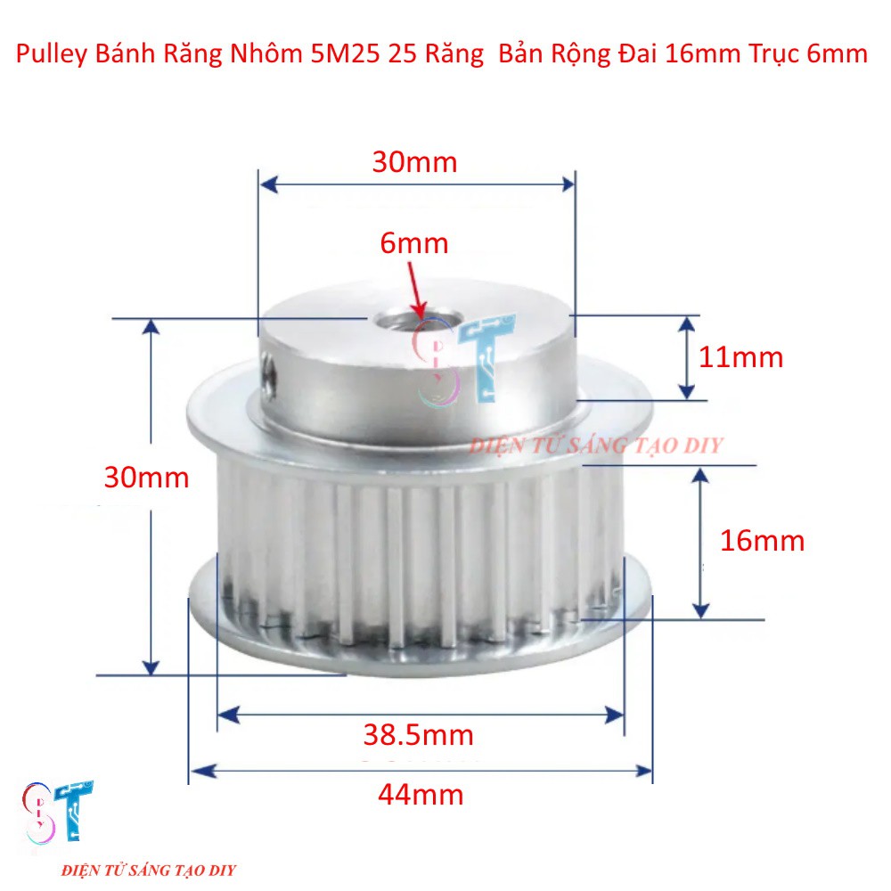 Pulley Bánh Răng Nhôm 5M 25 Răng Bản Rộng Đai 16mm Trục 6mm