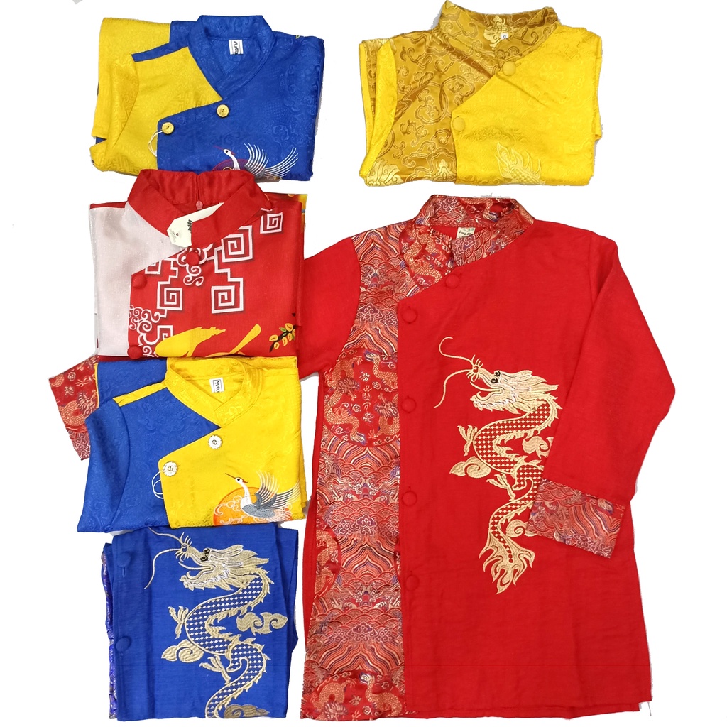 Áo dài cách tân bé trai 9-35kg vải gấm, đũi