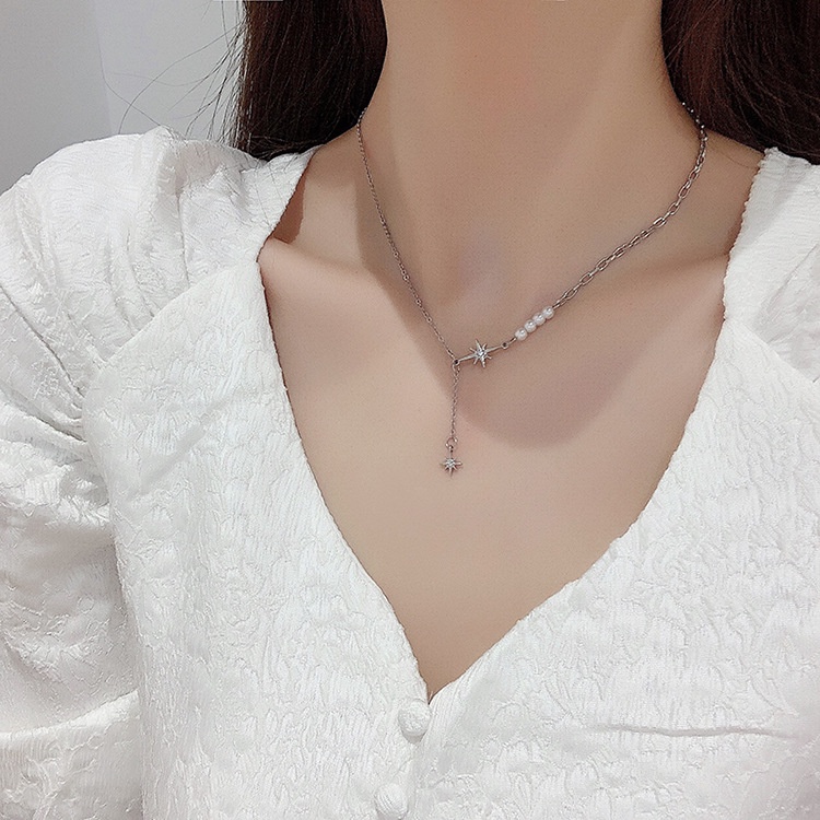 Vòng cổ choker bạc dây xích bất đối xứng gắn hạt trai mặt ngôi sao VC001 Leous Accessories