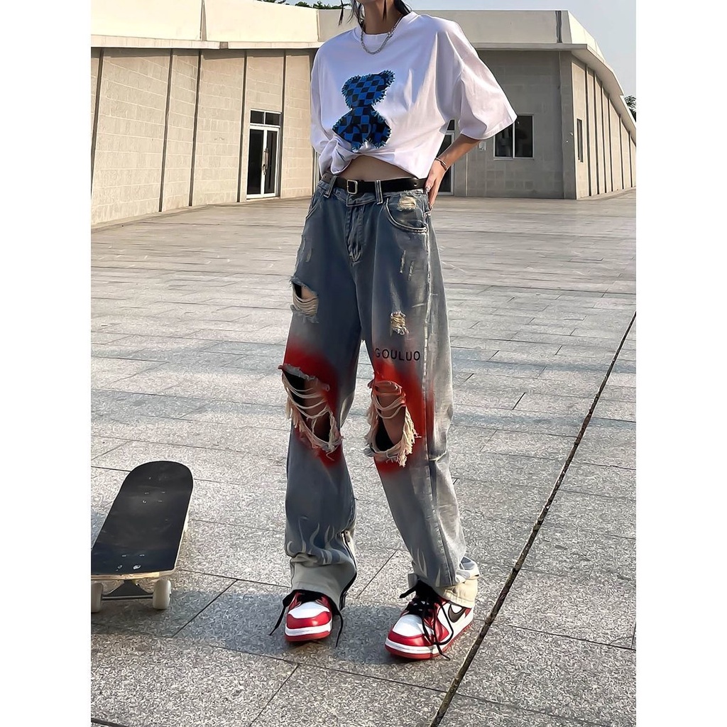 Quần Jeans Dài Phối Vết Rách Cá Tính Cho Nam
