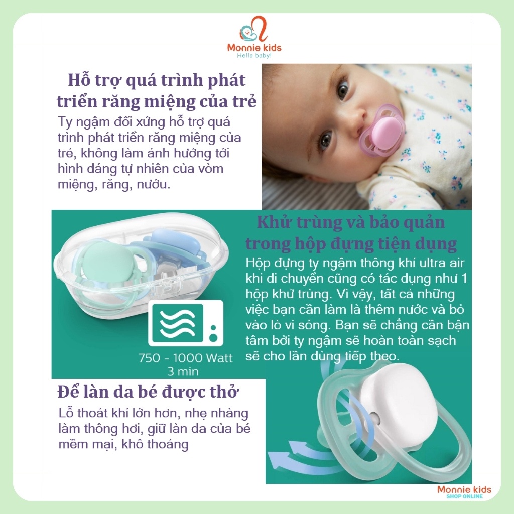 Ti giả cho bé Avent Ultra Air hình gấu, ty giả thông khí silicone cao cấp 6-18M - Monnie Kids