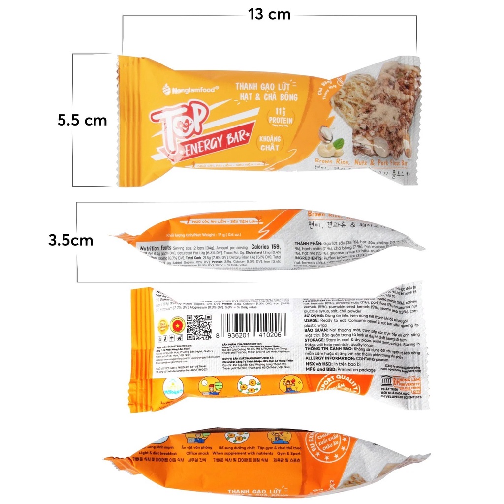 Thanh năng lượng gạo lứt ngũ cốc Hạt và Chà bông Top Energy Bar Nonglamfood 272g | Ăn kiêng giảm cân, ăn vặt lành mạnh