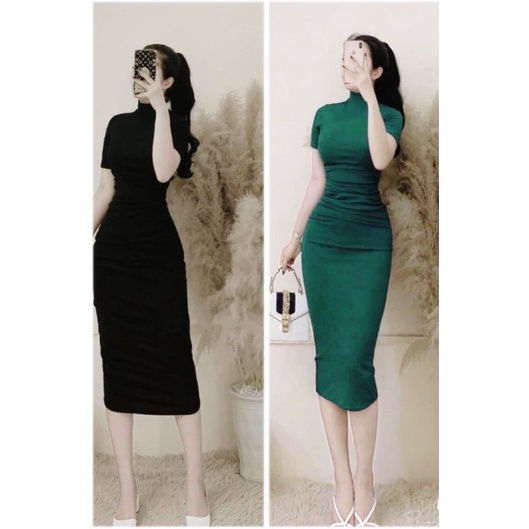 Đầm cổ lọ nhún chất thun gân tay ngắn 2 màu đen - xanh MIDORI247