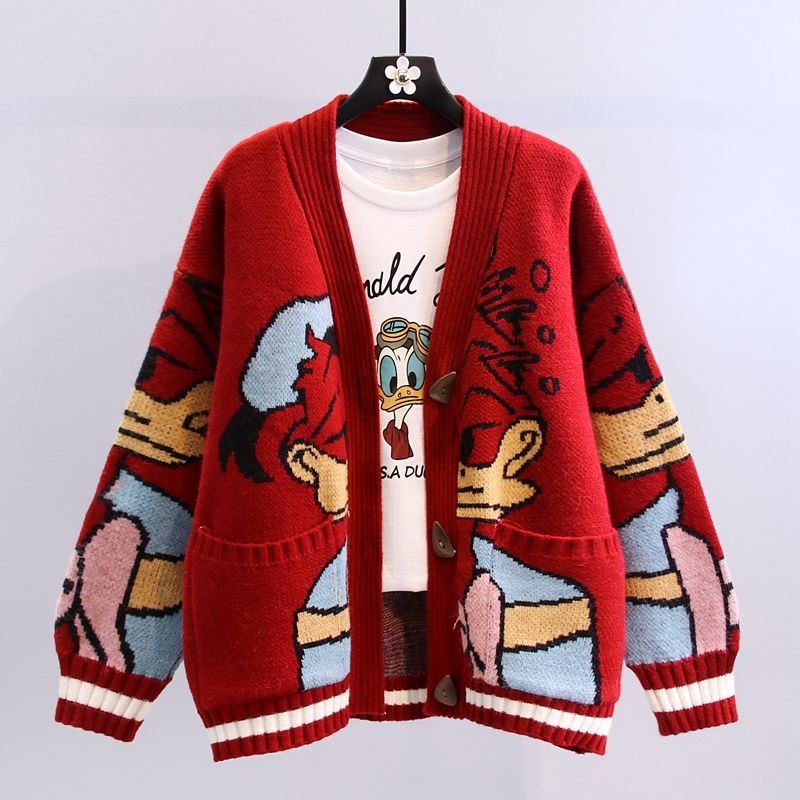 Áo Khoác Cardigan Dệt Kim Dáng Rộng In Hoạt Hình Kiểu Nhật Bản Thời Trang Thu Đông Cá Tính