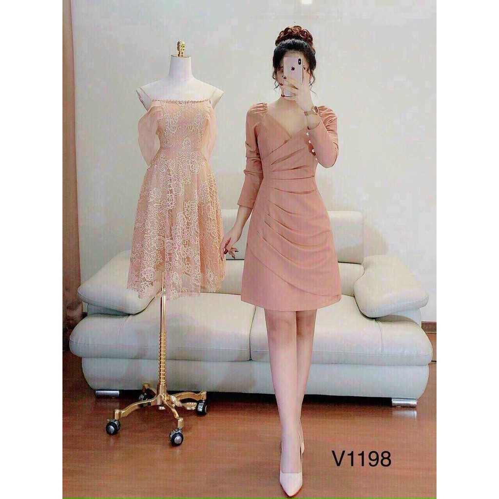 Đầm body tay dài cổ tim xếp ly xinh lung linh