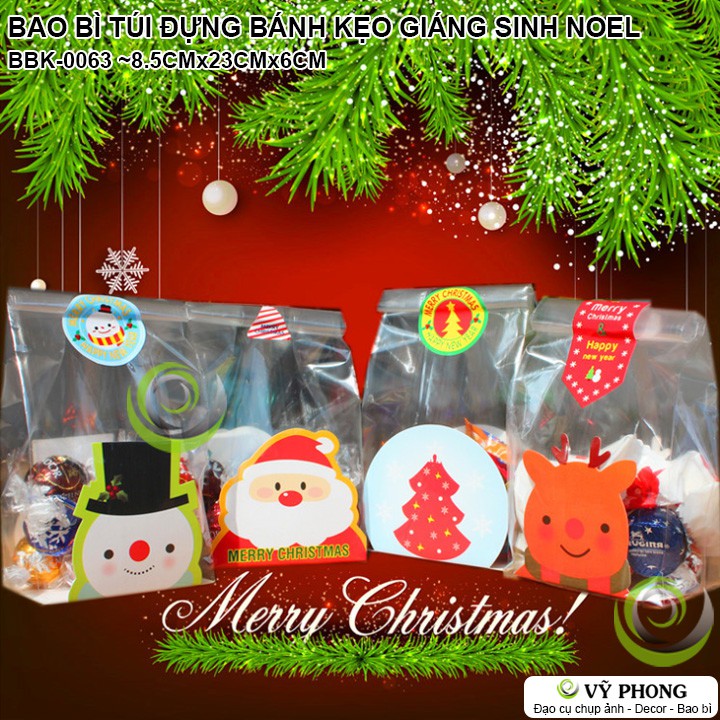 SET 20 BAO BÌ TÚI NHỰA ĐỰNG BÁNH KẸO GIÁNG SINH NOEL PHONG CÁCH ĐƠN GIẢN ĐẾ IN HÌNH ÔNG GIÀ NOEN TUẦN LỘC BBK-0063